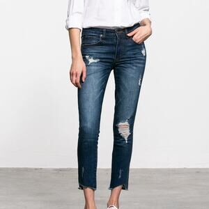 High Rise Distressed Raw Step Hem Ankle Denim Jeans Womens Pockets Stretch 9/28